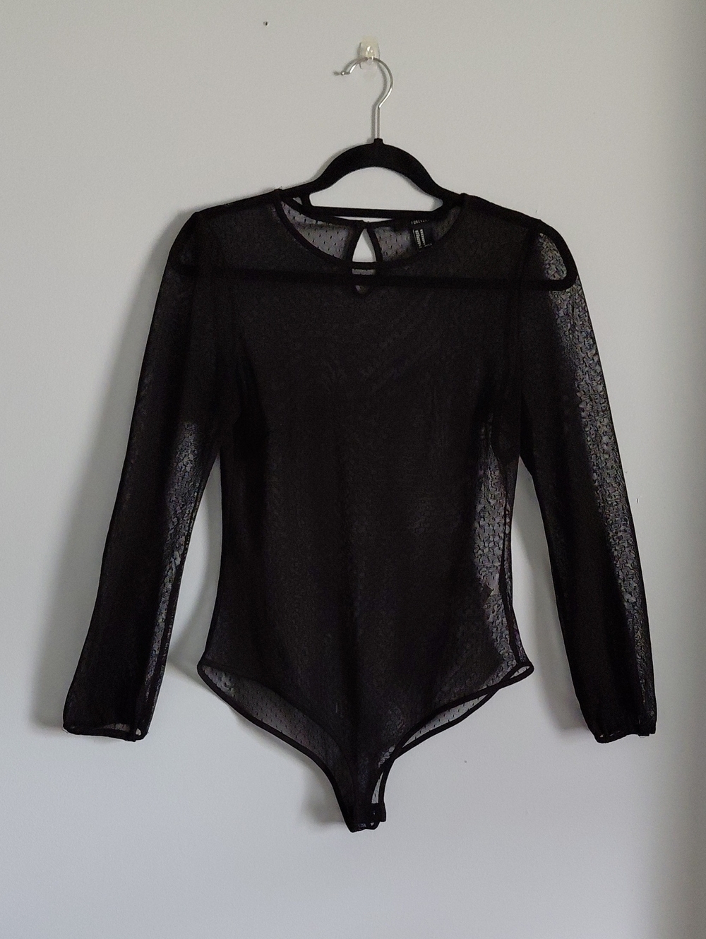 Forever 21 Sheer Black Lace  Long Sleeve Bodysuit Keyhole Back Dotted Pattern